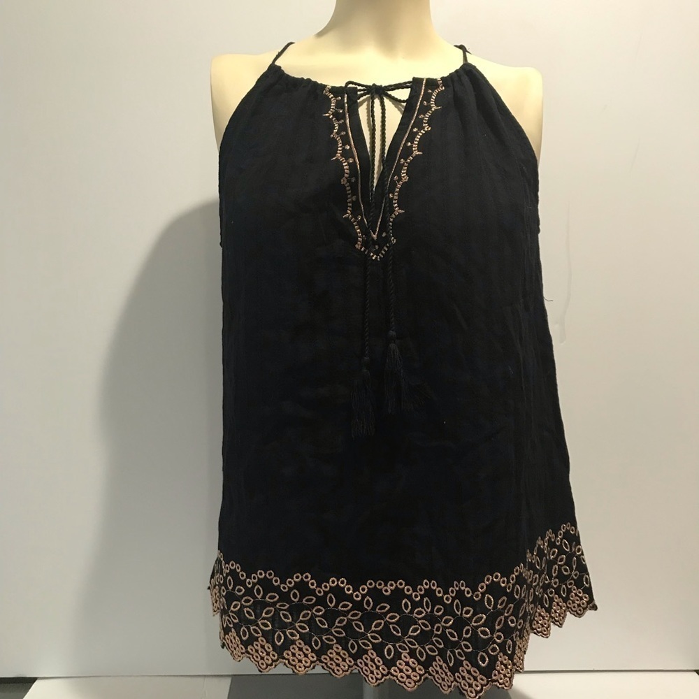 LOVESTITCH Gold embroidered black top Sz L NWT